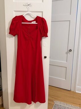 Red Puff-Sleeve Boutique Midi Dress
